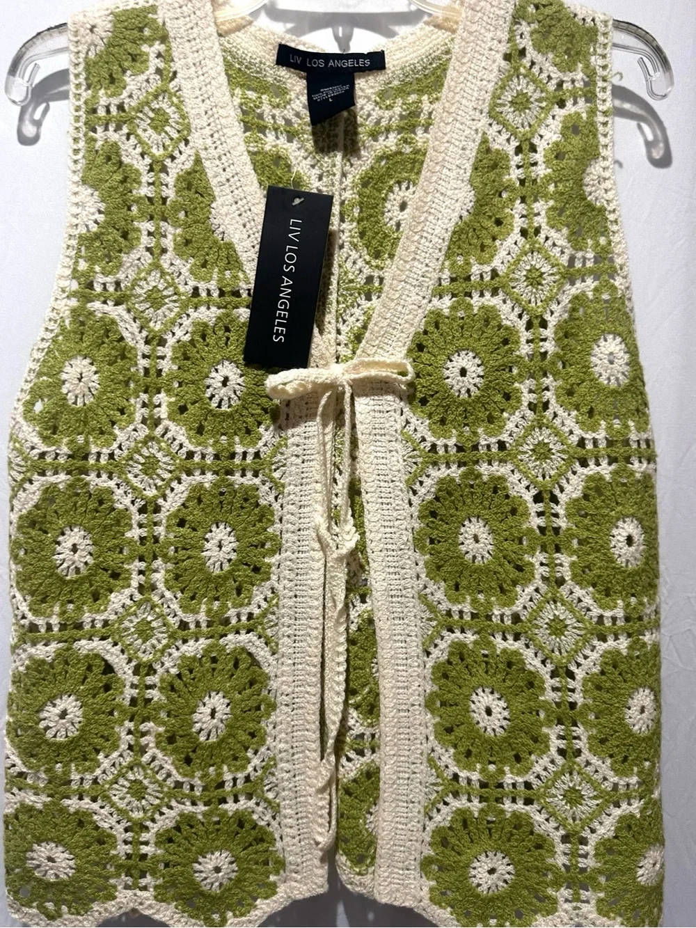 LIV LOS ANGELES Olive Green & Cream Crochet Vest - Size L